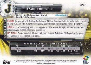 2017 Bowman - Prospects Bowman 70th Red #BP97 Takahiro Norimoto Back