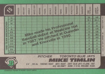 1991 Bowman #15 Mike Timlin Back