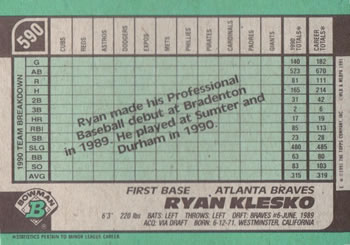 1991 Bowman #590 Ryan Klesko Back