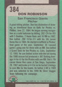 1991 Bowman #384 Don Robinson Back