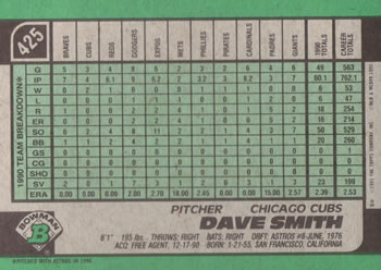 1991 Bowman #425 Dave Smith Back
