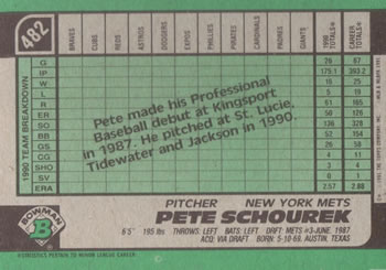 1991 Bowman #482 Pete Schourek Back