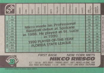 1991 Bowman #536 Nikco Riesgo Back