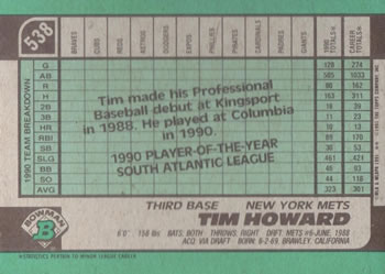 1991 Bowman #538 Tim Howard Back