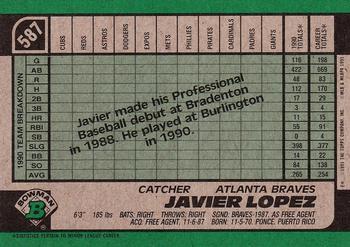 1991 Bowman #587 Javier Lopez Back