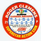 1991 Score 7-Eleven Superstar Action Coins: Northeast Region #3 RL Roger Clemens Back