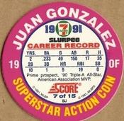 1991 Score 7-Eleven Superstar Action Coins: Texas Region #7 BJ Juan Gonzalez Back