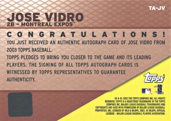 2003 Topps - Autographs #TA-JV Jose Vidro Back