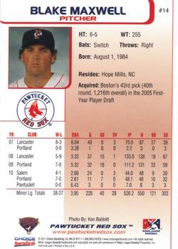 2011 Choice Pawtucket Red Sox #14 Blake Maxwell Back