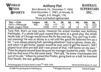 1988 Conlon World Wide Sports National All-Stars #NNO Tony Piet Back