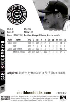 2015 Choice South Bend Cubs #2 Cael Brockmeyer Back