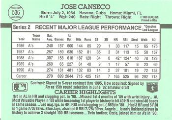 1991 Donruss #536 Jose Canseco Back
