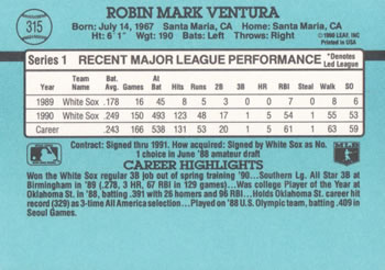 1991 Donruss #315 Robin Ventura Back