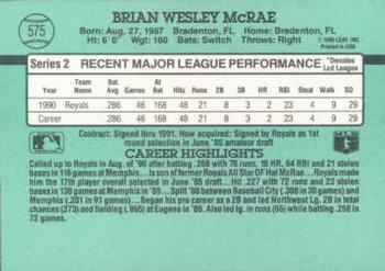 1991 Donruss #575 Brian McRae Back