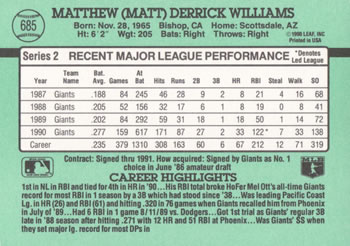 1991 Donruss #685 Matt Williams Back