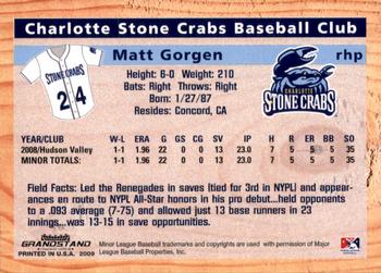 2009 Grandstand Charlotte Stone Crabs #NNO Matt Gorgen Back