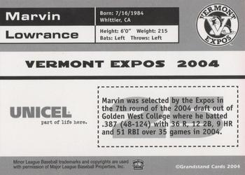2004 Grandstand Vermont Expos #NNO Marvin Lowrance Back