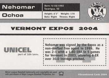 2004 Grandstand Vermont Expos #NNO Nehomar Ochoa Back