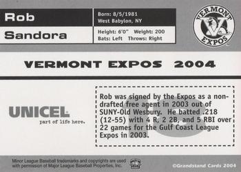 2004 Grandstand Vermont Expos #NNO Rob Sandora Back