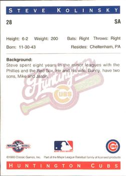 1993 Classic Best Huntington Cubs #28 Steve Kolinsky Back