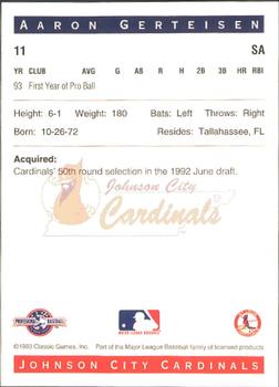 1993 Classic Best Johnson City Cardinals #11 Aaron Gerteisen Back
