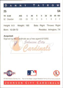 1993 Classic Best Johnson City Cardinals #25 Danny Tatrow Back
