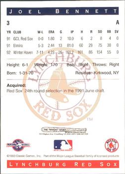 1993 Classic Best Lynchburg Red Sox #3 Joel Bennett Back