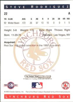 1993 Classic Best Lynchburg Red Sox #22 Steve Rodriguez Back