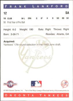 1993 Classic Best Oneonta Yankees #12 Frank Lankford Back