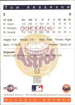 1993 Classic Best Osceola Astros #3 Tom Anderson Back