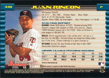 2002 Bowman #340 Juan Rincon Back