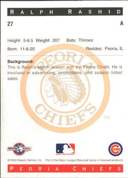 1993 Classic Best Peoria Chiefs #27 Ralph Rashid Back