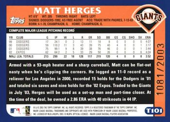 2003 Topps Traded & Rookies - Gold #T101 Matt Herges Back