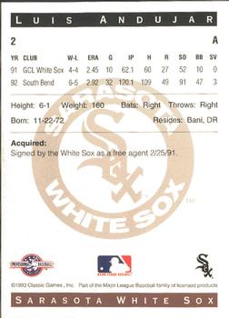 1993 Classic Best Sarasota White Sox #2 Luis Andujar Back