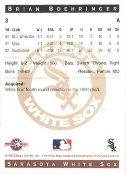 1993 Classic Best Sarasota White Sox #3 Brian Boehringer Back
