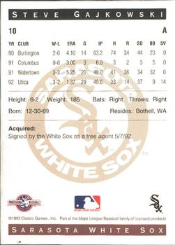 1993 Classic Best Sarasota White Sox #10 Steve Gajkowski Back