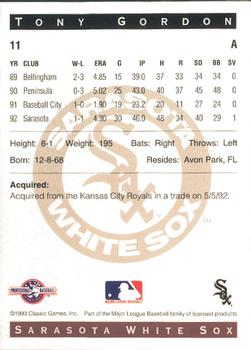 1993 Classic Best Sarasota White Sox #11 Tony Gordon Back