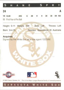 1993 Classic Best Sarasota White Sox #24 Shane Spry Back