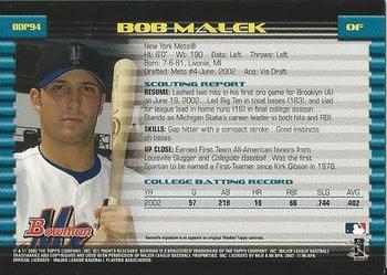 2002 Bowman Draft Picks & Prospects #BDP94 Bob Malek Back