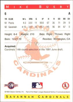 1993 Classic Best Savannah Cardinals #6 Mike Busby Back