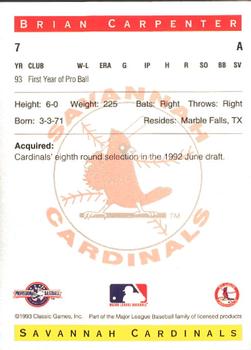 1993 Classic Best Savannah Cardinals #7 Brian Carpenter Back