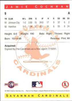 1993 Classic Best Savannah Cardinals #9 Jamie Cochran Back