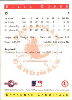1993 Classic Best Savannah Cardinals #13 Steve Dudek Back