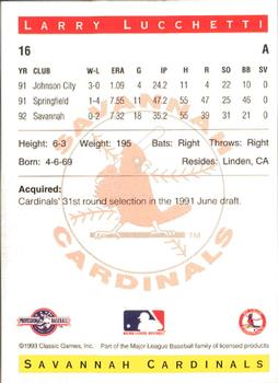 1993 Classic Best Savannah Cardinals #16 Larry Lucchetti Back