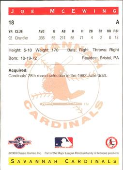 1993 Classic Best Savannah Cardinals #18 Joe McEwing Back