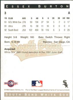 1993 Classic Best South Bend White Sox #3 Essex Burton Back