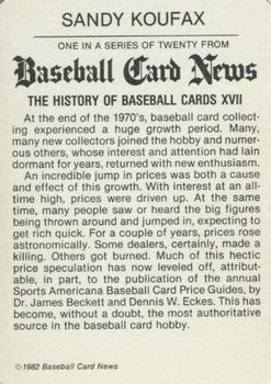 1982 Baseball Card News #XVII Sandy Koufax Back