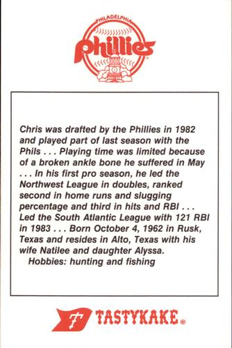 1987 Tastykake Philadelphia Phillies #NNO Chris James Back