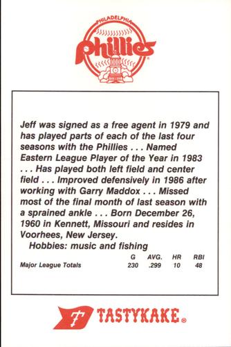 1987 Tastykake Philadelphia Phillies #NNO Jeff Stone Back