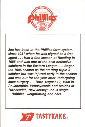 1987 Tastykake Philadelphia Phillies #NNO Joe Cipolloni Back